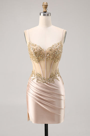Champagne Satin Corset Homecoming Dress with Sequins